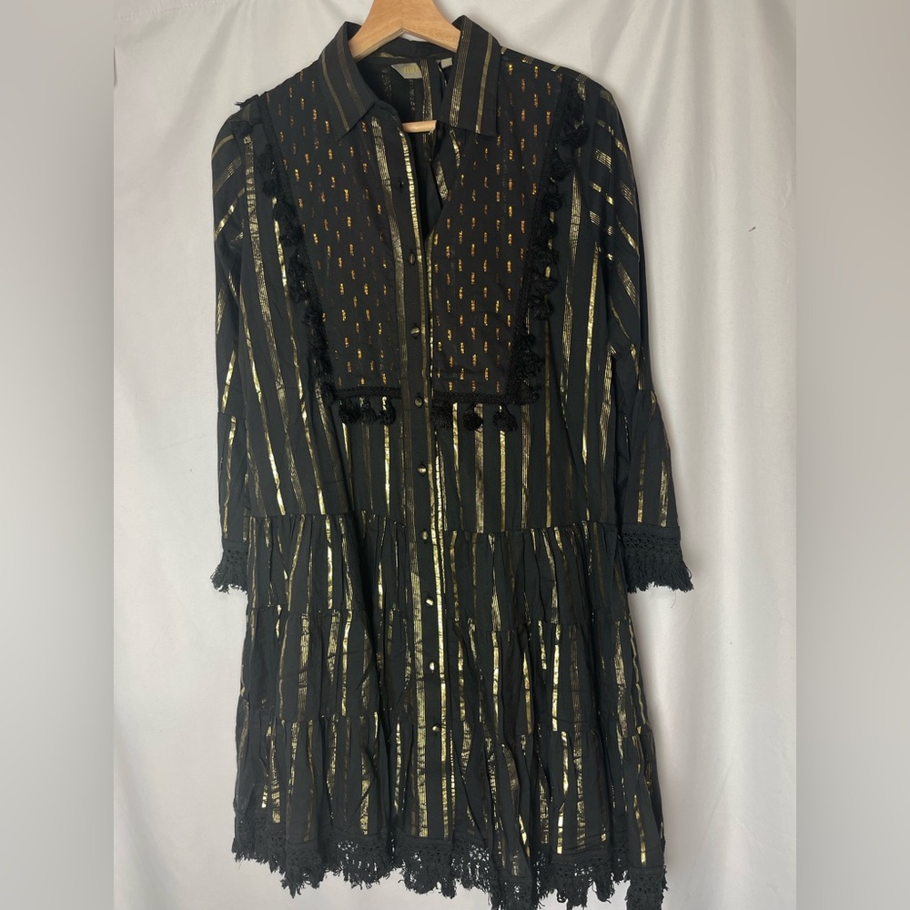 Womenās Black Gold Metallic Striped Tiered Mini Dress Bell Sleeve Boho Party M - Picture 4 of 9